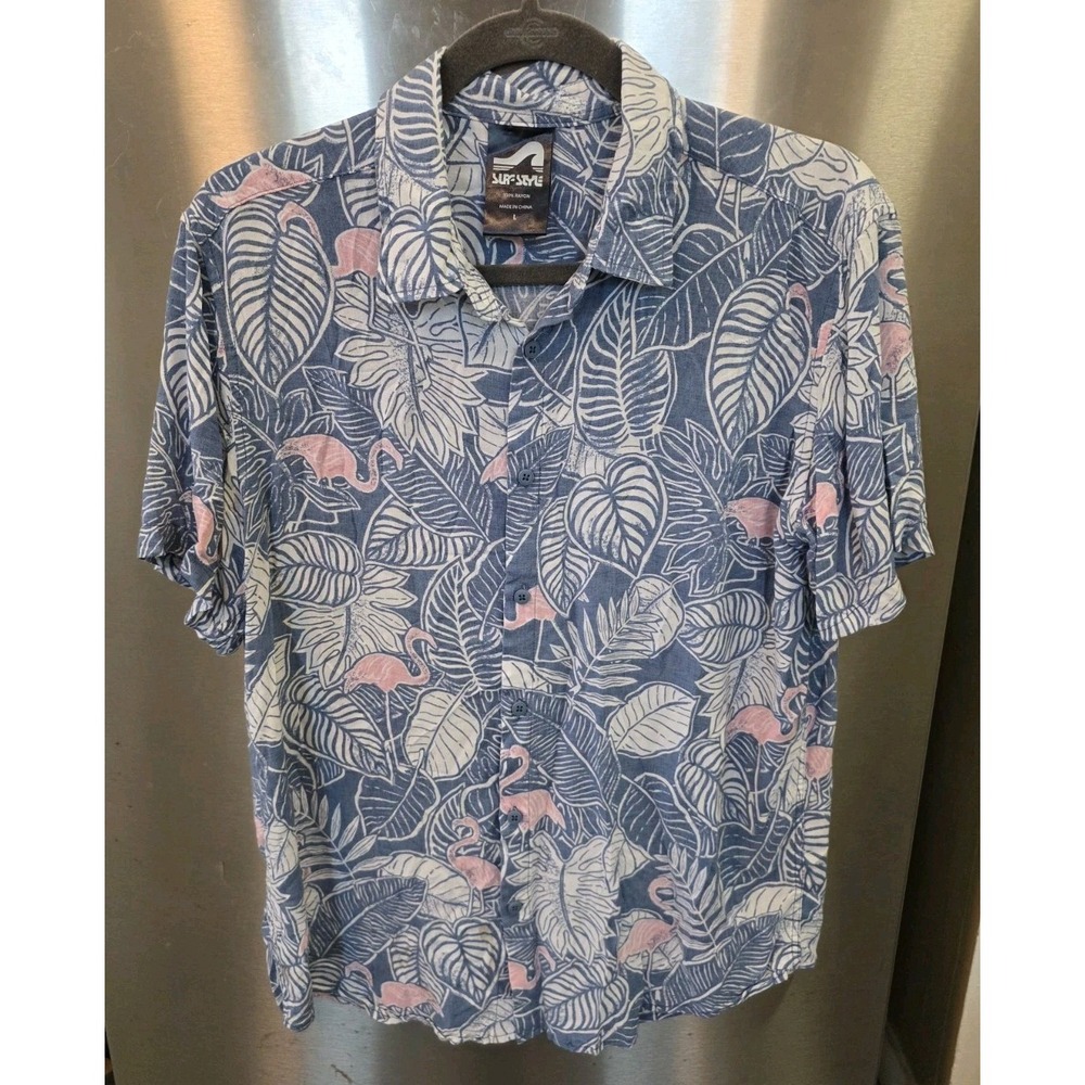 Vtg Surf Style L Button Up Flamingo Floral Blue Pink Tropical Beach Hawaiian
